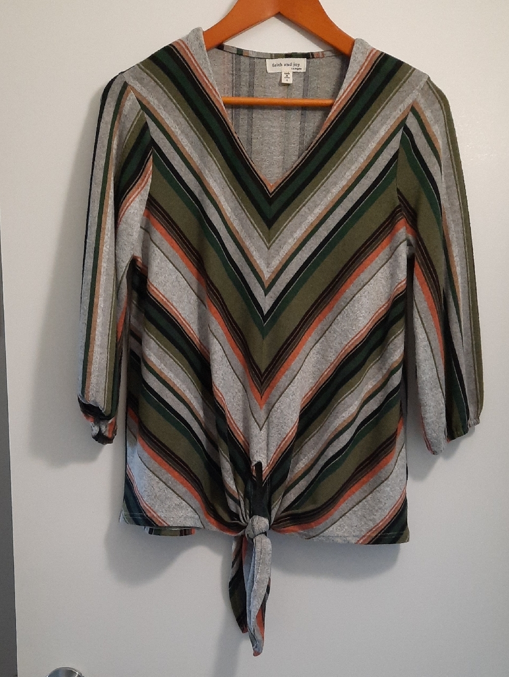 Faith and Joy Olive, Gray & Rust Striped V-Neck Tie-Front Tunic